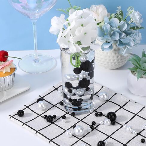 SUREAM 500 Pcs Floating NO Hole Pearls and 2300 Pieces Clear Water Gels, Water Beads for Vases, Floating Beads for Centerpiece Home Weddings Table Party Birthday Decor 8/14/20mm(Black&White Color) in Saudi Arabia