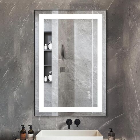 LifeSky Framed LED Bathroom Mirror - 48x36 Front Lit Anti Fog Lighted Bathroom Mirror - Wall Mounted Frontlit LED Vanity Mirror Black Frame in Saudi Arabia