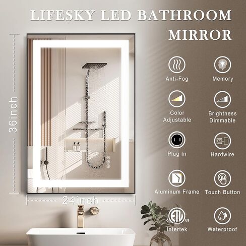 LifeSky Framed LED Bathroom Mirror - 48x36 Front Lit Anti Fog Lighted Bathroom Mirror - Wall Mounted Frontlit LED Vanity Mirror Black Frame in Saudi Arabia