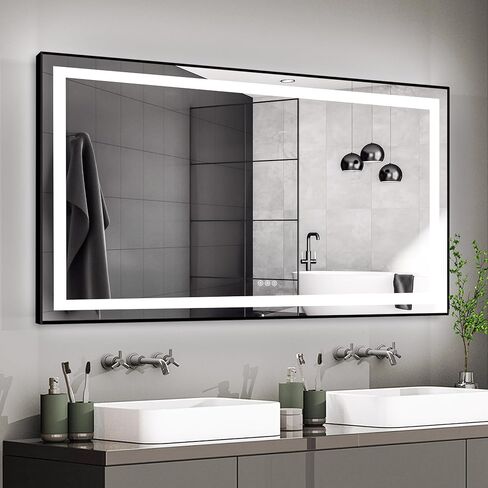 LifeSky Framed LED Bathroom Mirror - 48x36 Front Lit Anti Fog Lighted Bathroom Mirror - Wall Mounted Frontlit LED Vanity Mirror Black Frame in Saudi Arabia