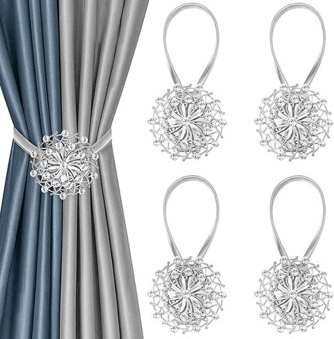 4 قطع من ستائر KAIY المغناطيسية الفضية، ستارة نافذة كريستالية فاخرة على شكل زهرة مزخرفة بدون عوائق ستائر مع سلك زنبركي عالي المرونة لتزيين النوافذ في المنزل والمكتب in Kuwait