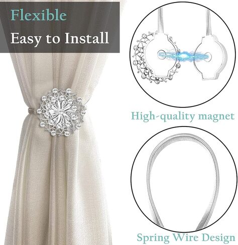 4 قطع من ستائر KAIY المغناطيسية الفضية، ستارة نافذة كريستالية فاخرة على شكل زهرة مزخرفة بدون عوائق ستائر مع سلك زنبركي عالي المرونة لتزيين النوافذ في المنزل والمكتب in Kuwait