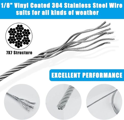 مجموعة حبل أسلاك فولاذية 1/8 بوصة، كابل من الفولاذ المقاوم للصدأ مطلي بالفينيل بطول 200 قدم مع شدادات، كابل سلك عالي التحمل للأماكن الخارجية والحديقة والمطبخ والتطبيقات الحرفية in Kuwait