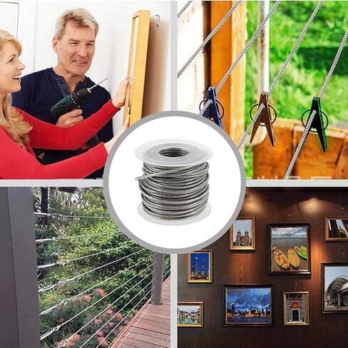 مجموعة حبل أسلاك فولاذية 1/8 بوصة، كابل من الفولاذ المقاوم للصدأ مطلي بالفينيل بطول 200 قدم مع شدادات، كابل سلك عالي التحمل للأماكن الخارجية والحديقة والمطبخ والتطبيقات الحرفية in Kuwait