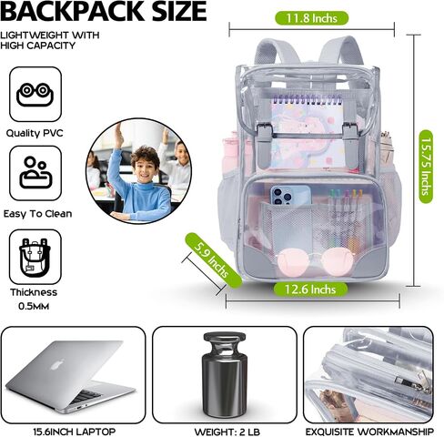 Clear Backpack Heavy Duty Thickened PVC Transparent Backpack, School Backpack For Girls And Boys/Kids (Grey) in Saudi Arabia