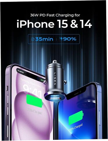 LISEN 54W USB C Car Charger Adapter [Mini & Metal] Cigarette Lighter USB Charger Fast Charging [PD QC 3.0] USBC Car Phone Charger for iPhone 15 Pro Max Plus 14 Samsung Galaxy S24 iPad Pro in Saudi Arabia