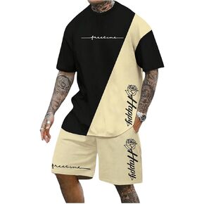 GORGLITTER Men's Letter Graphic Short Sets Outfits Color Block Short Sleeve T Shirt and Shorts Set