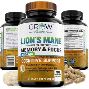 grow vitamin Organic Lions Mane Smart Shrooms, 2100 mg, for Men & Women - Caffeine-Free Brain Booster, Focus Capsules for Concentration, Brain & Memory Support 90 Vegetable Capsules