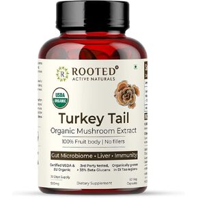 ROOTED Active's Turkey Tail Mushroom Extract Capsules | Heart Health, Stress Relief, Liver. USDA Organic, 35% Beta Glucans, Certified Organic (120 Capsules)