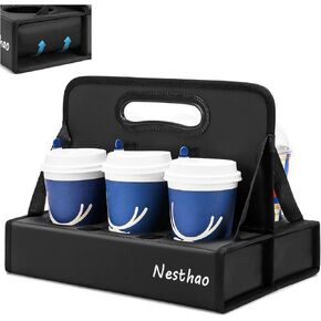 Portable Drink Carrier with Handle, Upgraded 6-Cup Reusable Drink Holder，Drink Delivery Carrier for Take-Out Coffee/Soft Drinks, Food Delivery/Delivery Drivers，Collapsible