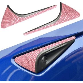 Bling Pink Rhinestones Side Blind Spot Camera Covers for Tesla HW 3.0, Compatible with 3 2019-2023 and Y 2020-2023.6 with Hardware 3.0, Sparkly Turn Signal Protection Shell.