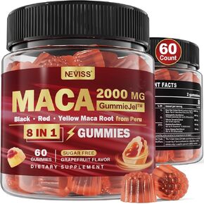 Sugar Free Maca Root Filled Gummies 2000mg for Women & Men with Ashwagandha, Tribulus Terrestris, Rhodiola, Panax Ginseng, L Arginine & L Tyrosine for Natural Energy, Mood & Immune Support - Vegan