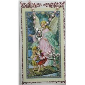 Guardian Angel Pink Rosary and Prayer Card Baptism Christening Communion Gift
