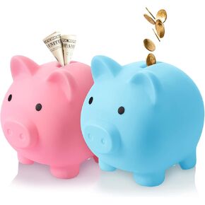 2 Pieces Cute Plastic pig money Bank Adults Unbreakable piggy bank Box Coin Bank Plastic Saving Coin Box Blue Pink, M