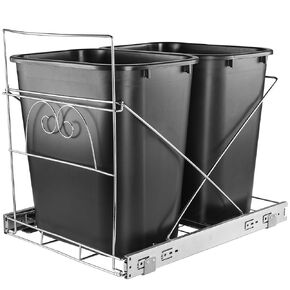 Double Pull Out Trash Can Under Cabinet, Under Sink Trash Can Pull Out Shelf Kit,Dual Compartment Slide Out Rack Rail for Kitchen Recycle Bins (Not Included Trash Can，Stainless Steel)