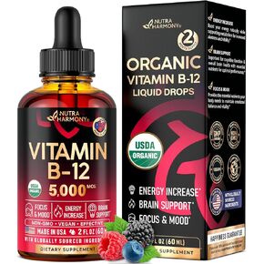 USDA Organic Vitamin B12 Sublingual Drops - 5000 mcg Liquid Vegan Methylcobalamin - Energy Boost, Focus & Mood, Metabolism & Brain Health Support - Maximize Absorption - 2 Month Supply, 2 fl oz