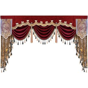 European Chenille Curtain Valance Luxury Swag Waterfall Valance with Tassel Trim for Bedroom Living Room Windows Rod Pocket Top Red 1 Panel W39 Inch