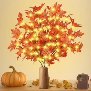3Pcs Lighted Fall Maple Branches - 30 Inch Light Up Fall Stems with 60 LED Lights, 120 Leaves, Timer Battery Operated Lighted Branches for Vases, Prelit Artificial Twig for Autum Thanksgiving Decor