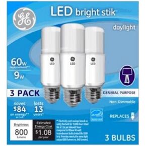 General Electric 63592 WHT Brig Rel Bulb 3 Pack 9W Daylight LED Bright Stik, 3 Count (Pack of 1)