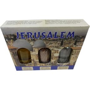 Holy Land souvenir 3 bottle set Jerusalem Holy Earth Holy Olive Oil and Holy Water from the Jordan River from The Nativity Church in Jerusalem