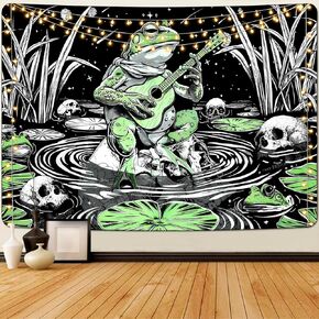 Invoibler الضفدع نسيج الهبي الجمجمة المفروشات مضحك الموسيقى نسيج الجمالية لوتس أوراق النباتات نسيج كبير مليء بالنجوم ليلة الأخضر نسيج الجدار شنقا لغرفة النوم (51.2 × 59.1 بوصة) in Kuwait