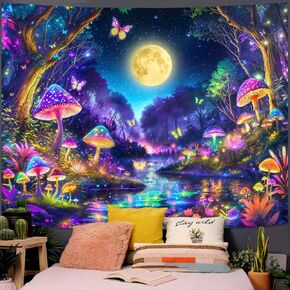 Kanuyee Blacklight Tapestry Butterfly Moon Wall Tapestry Magical Forest Tapestry for Bedroom Magical Tapestry Aesthetic Bedroom Room Decor Moon 60×80 Inches