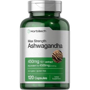 Horbäach Ashwagandha Supplement | Max Strength | 120 Capsules | Non-GMO, Gluten Free