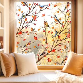 Fall Window Privacy Film Bird on Branch Frosted Glass Film Non-Adhesive Static Window Cling for Autumn Thanksgiving Home Party Supplies, 15.7 x 47.2 Inch