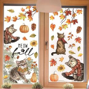 Fall Maple Leaf Pumpkin Window Clings Autumn Cute Cat Meow Window Decals Animal Peel and Stick Wall Art Sticker for Thansgiving Day Harvest Party Decor