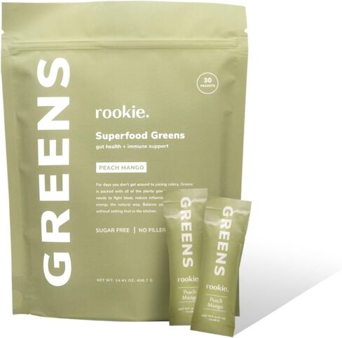 Natural Greens Supplements Superfood Powder Drink by Rookie Wellness, Gut Support Digestive Enzyme, Improve Mood, Immune Support, Peach Mango Greens Powder (30 Serving Bag) in Saudi Arabia