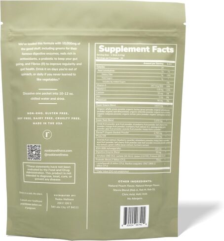 Natural Greens Supplements Superfood Powder Drink by Rookie Wellness, Gut Support Digestive Enzyme, Improve Mood, Immune Support, Peach Mango Greens Powder (30 Serving Bag) in Saudi Arabia