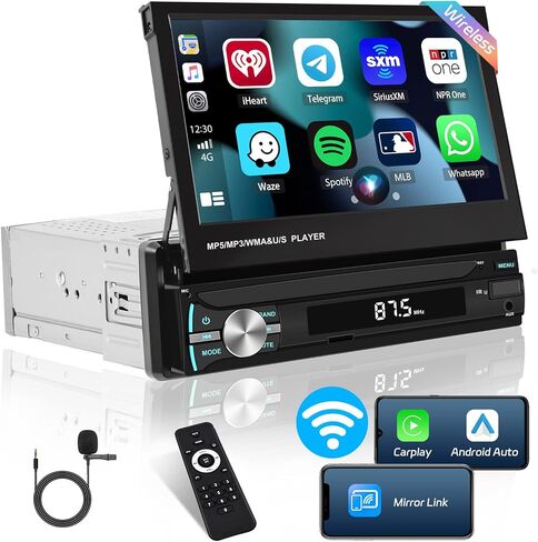 (Stable) Hikity Wired Carplay Single Din Car Stereo, 7 Inch Flip Out Touch Screen Car Radio with Android Auto, Bluetooth, Mirror Link, Backup Camera, FM, USB, SWC, Voice Control Split Screen in Saudi Arabia