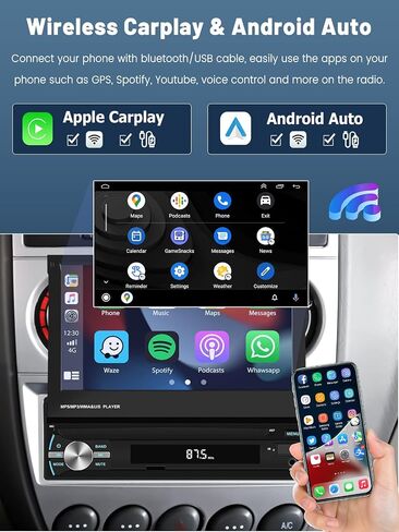 (Stable) Hikity Wired Carplay Single Din Car Stereo, 7 Inch Flip Out Touch Screen Car Radio with Android Auto, Bluetooth, Mirror Link, Backup Camera, FM, USB, SWC, Voice Control Split Screen in Saudi Arabia