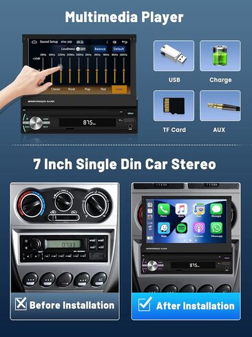 (Stable) Hikity Wired Carplay Single Din Car Stereo, 7 Inch Flip Out Touch Screen Car Radio with Android Auto, Bluetooth, Mirror Link, Backup Camera, FM, USB, SWC, Voice Control Split Screen in Saudi Arabia