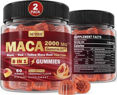 Sugar Free Maca Root Filled Gummies 2000mg for Women & Men with Ashwagandha, Tribulus Terrestris, Rhodiola, Panax Ginseng, L Arginine & L Tyrosine for Natural Energy, Mood & Immune Support - Vegan in Kuwait