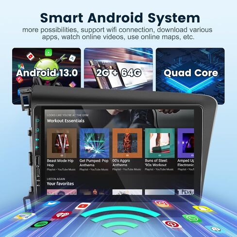 for Honda Civic 2012-2015 Android Car Stereo with Wireless Carplay Android Auto, 9 Inch Touch Screen Bluetooth Car Radio Support GPS Navigation WiFi HiFi Audio FM SWC USB + HD Backup Camera in Saudi Arabia