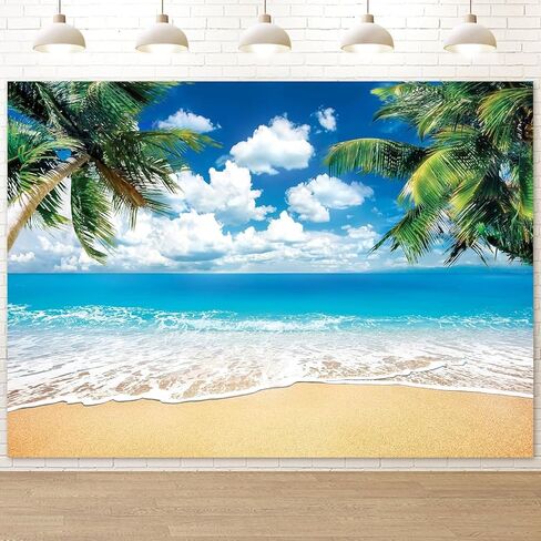 Humkat Hawaiian Beach Ocean Backdrop, 7X5FT Cloth Fabric Summer Tropical Party Background for Indoor and Outdoor Decoration, Palm Tree Sea Backdrop Banner for Photoshoot, Reusable and Washable in Kuwait