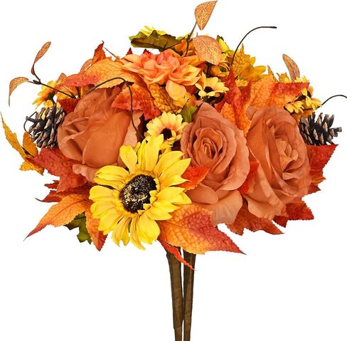 BLEUM CADE ديكور الخريف - باقة زهور صناعية للخريف مع أوراق قيقب عباد الشمس، نباتات زهور صناعية للخريف لتزيين المنزل وعيد الشكر، برتقالي in Kuwait
