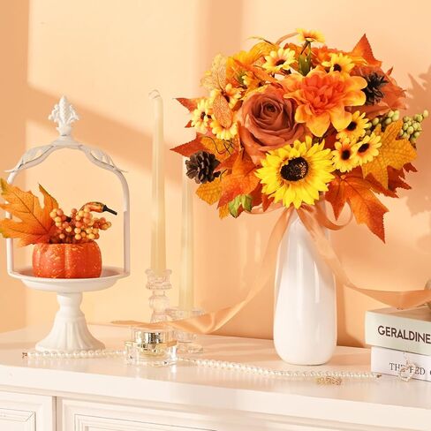 BLEUM CADE ديكور الخريف - باقة زهور صناعية للخريف مع أوراق قيقب عباد الشمس، نباتات زهور صناعية للخريف لتزيين المنزل وعيد الشكر، برتقالي in Kuwait