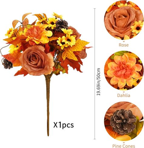BLEUM CADE ديكور الخريف - باقة زهور صناعية للخريف مع أوراق قيقب عباد الشمس، نباتات زهور صناعية للخريف لتزيين المنزل وعيد الشكر، برتقالي in Kuwait
