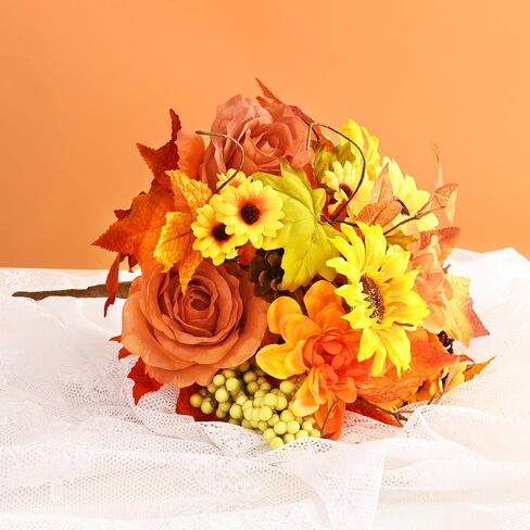 BLEUM CADE ديكور الخريف - باقة زهور صناعية للخريف مع أوراق قيقب عباد الشمس، نباتات زهور صناعية للخريف لتزيين المنزل وعيد الشكر، برتقالي in Kuwait