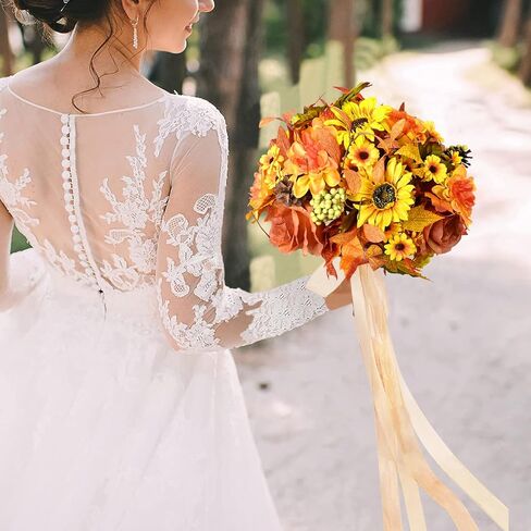 BLEUM CADE ديكور الخريف - باقة زهور صناعية للخريف مع أوراق قيقب عباد الشمس، نباتات زهور صناعية للخريف لتزيين المنزل وعيد الشكر، برتقالي in Kuwait