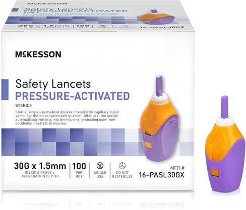إبرة لانسيت ذات عمق ثابت من McKesson 16-PASL26G، عمق 1.8 مم، 26 مقياس ضغط منشط (عبوة من 100 قطعة)، أزرق in Kuwait