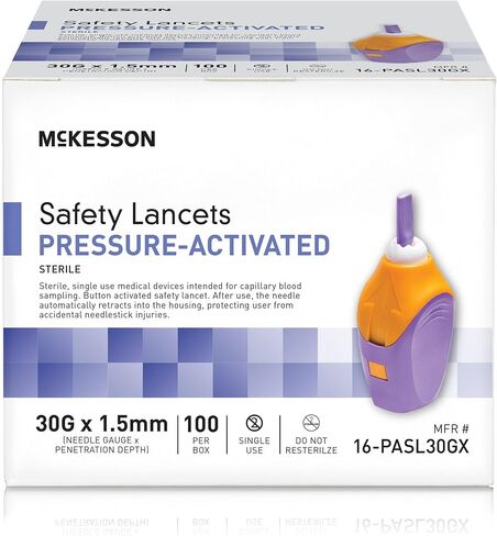 إبرة لانسيت ذات عمق ثابت من McKesson 16-PASL26G، عمق 1.8 مم، 26 مقياس ضغط منشط (عبوة من 100 قطعة)، أزرق in Kuwait