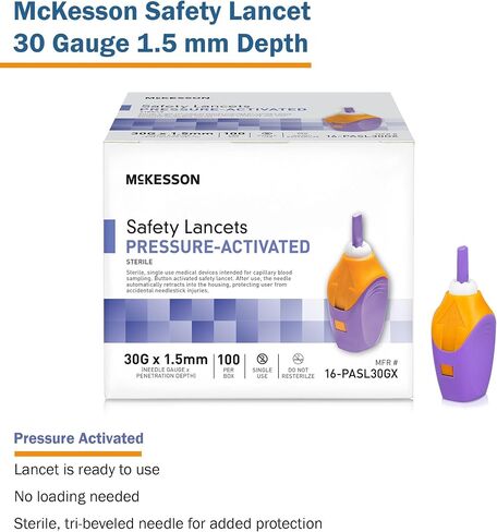 إبرة لانسيت ذات عمق ثابت من McKesson 16-PASL26G، عمق 1.8 مم، 26 مقياس ضغط منشط (عبوة من 100 قطعة)، أزرق in Kuwait