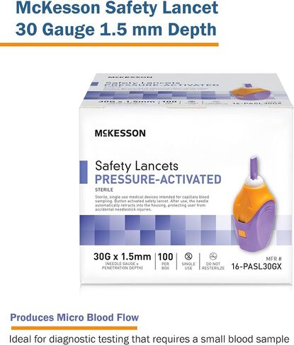 إبرة لانسيت ذات عمق ثابت من McKesson 16-PASL26G، عمق 1.8 مم، 26 مقياس ضغط منشط (عبوة من 100 قطعة)، أزرق in Kuwait
