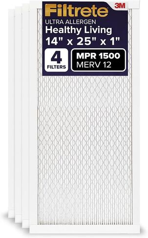 Filtrete 14x25x1 AC Furnace Air Filter, MERV 12, MPR 1500, CERTIFIED asthma & allergy friendly, 3 Month Pleated 1-Inch Electrostatic Air Cleaning Filter, 4-Pack (Actual Size 13.81x24.81x0.78 in) in Saudi Arabia