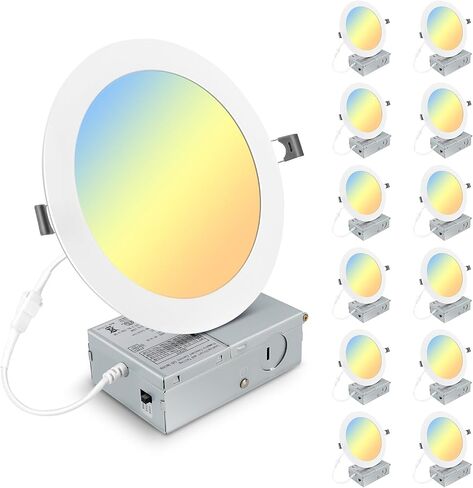 12 حزمة 7 بوصة 3CCT رفيعة للغاية LED غائرة مع صندوق توصيل، 3000K/4500K/6000K قابلة للتحديد، 18W Eqv 125W، إضاءة سفلية قابلة للتعتيم بدون علبة، سطوع عالي 1600LM in Kuwait
