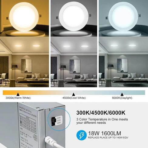 12 حزمة 7 بوصة 3CCT رفيعة للغاية LED غائرة مع صندوق توصيل، 3000K/4500K/6000K قابلة للتحديد، 18W Eqv 125W، إضاءة سفلية قابلة للتعتيم بدون علبة، سطوع عالي 1600LM in Kuwait