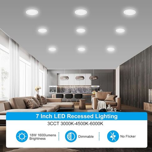 12 حزمة 7 بوصة 3CCT رفيعة للغاية LED غائرة مع صندوق توصيل، 3000K/4500K/6000K قابلة للتحديد، 18W Eqv 125W، إضاءة سفلية قابلة للتعتيم بدون علبة، سطوع عالي 1600LM in Kuwait
